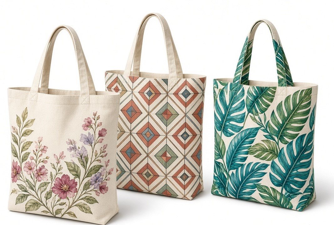 Printed cotton tote bags stacked ready for export to the United Kingdom