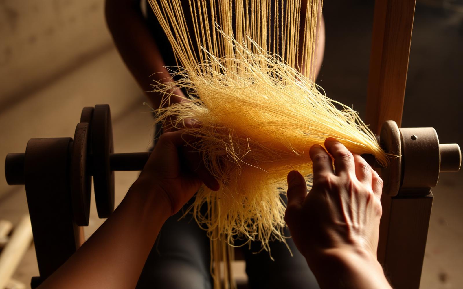 Hands drawing golden raw jute fibre into yarn on a wooden spinning frame